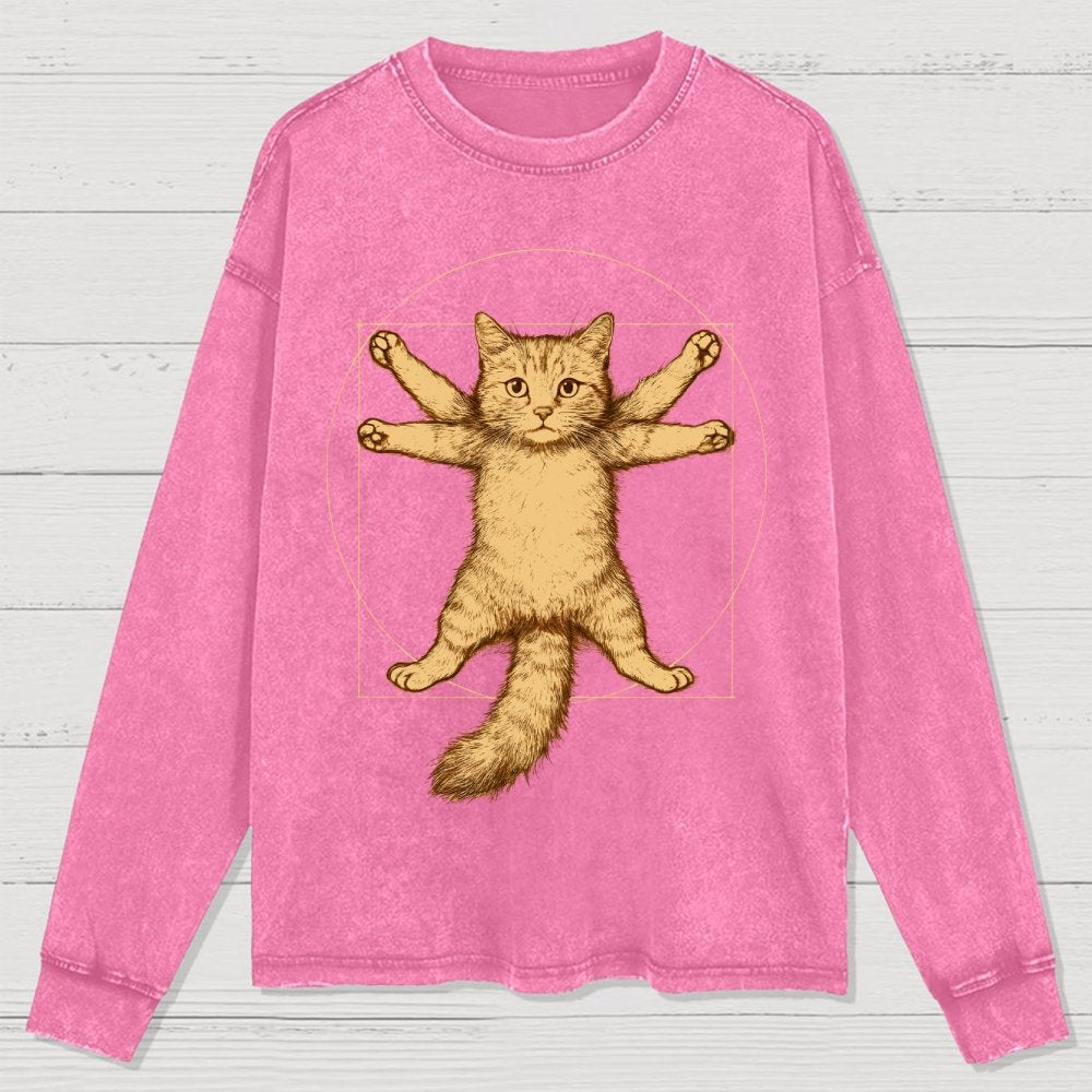 Leonardo Da Vinci-Inspired Vintage Cat Washed Long Sleeve Tee