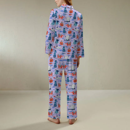 Halloween Cat Art Print Geek Long Sleeve Pajama Set