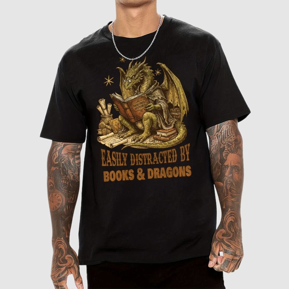 Easily Distracted By Books And Dragons Geek T-Shirt