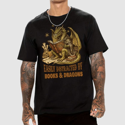 Easily Distracted By Books And Dragons Geek T-Shirt