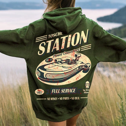 Classic Printed Back Cotton Hoodie with a Fictitious Location Design