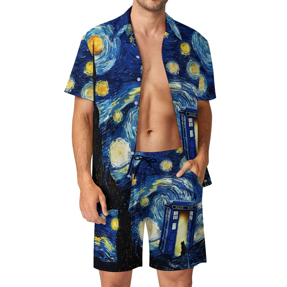 Flip The Starry Sky And Cat Hawaiian Shirt Set