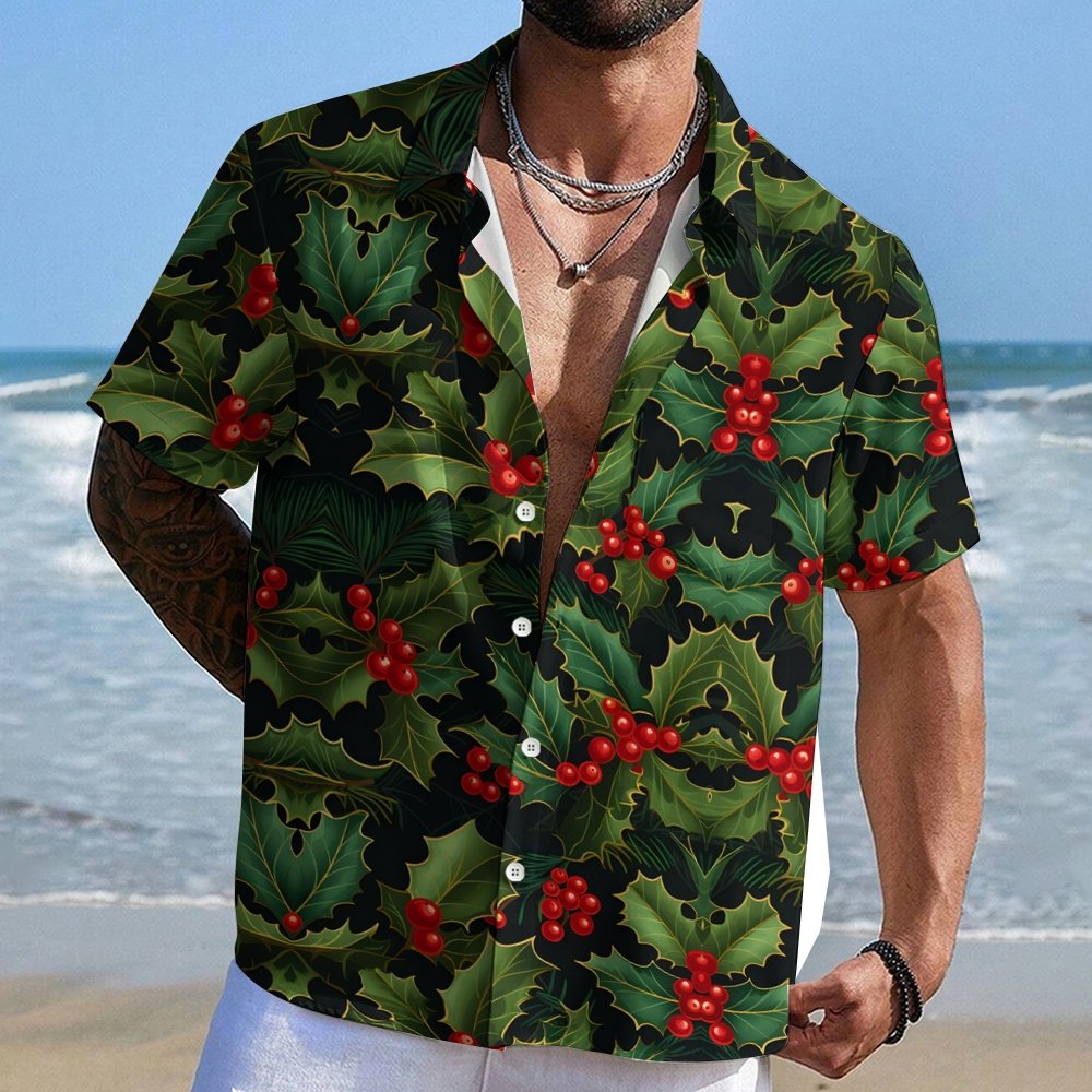 Christmas Red Fruit Leaves Print Geeky Shirt
