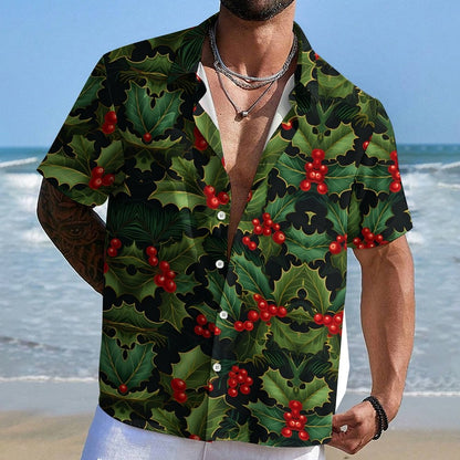 Christmas Red Fruit Leaves Print Geeky Shirt