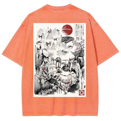 Last Battle of the Cosmic Conflict Back Print Washed T-Shirt