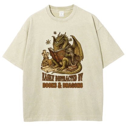 Easily Distracted by Books and Dragons Vintage Distressed T-shirt