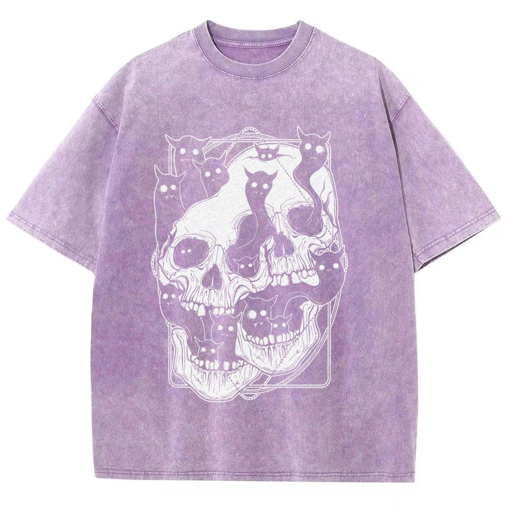 Cat Ghost Double Skull Vintage Distressed T-shirt