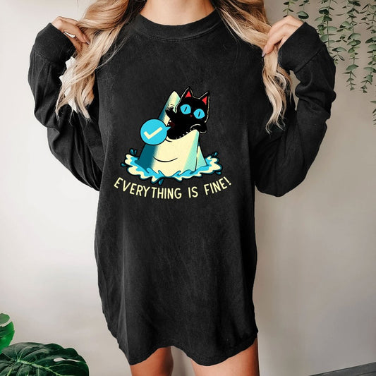 Everything Is Fine! Cat Washed Long Sleeve Tee