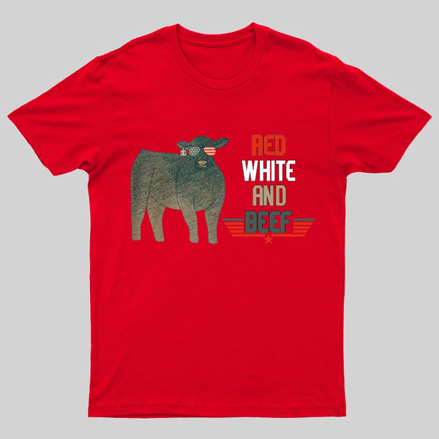 Red White And Beef Cattle Independence Day Geeky T-Shirt