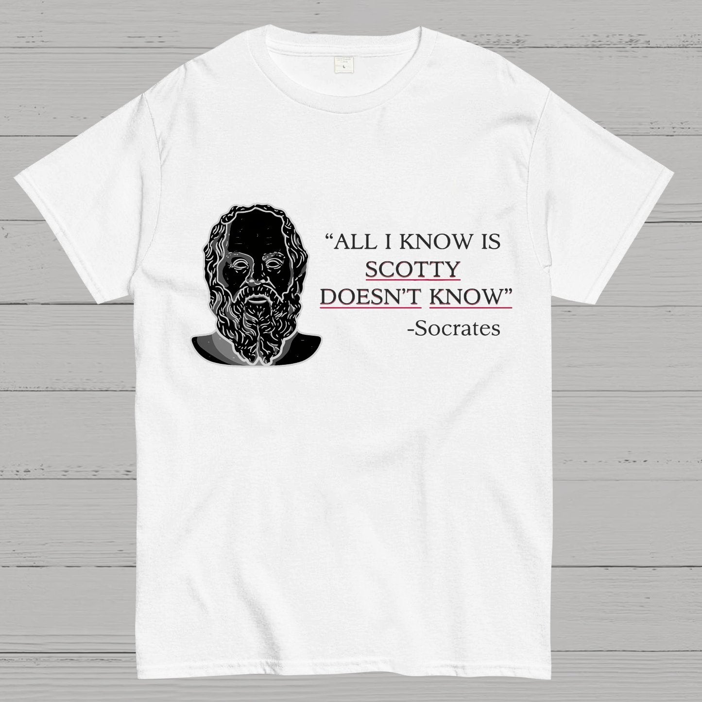 ALL I KNOW IS SCOTTY DOESNT KNOW Small Quantity Socrates Nerdy T-Shirt