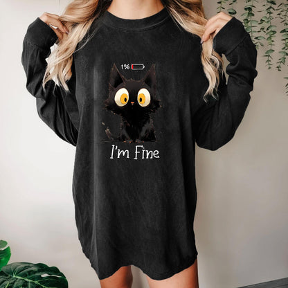 I'm Fine Black Cat Washed Long Sleeve Tee