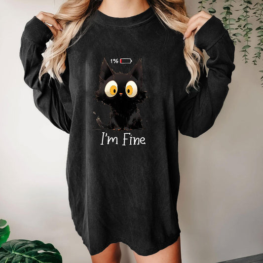 I'm Fine Black Cat Washed Long Sleeve Tee