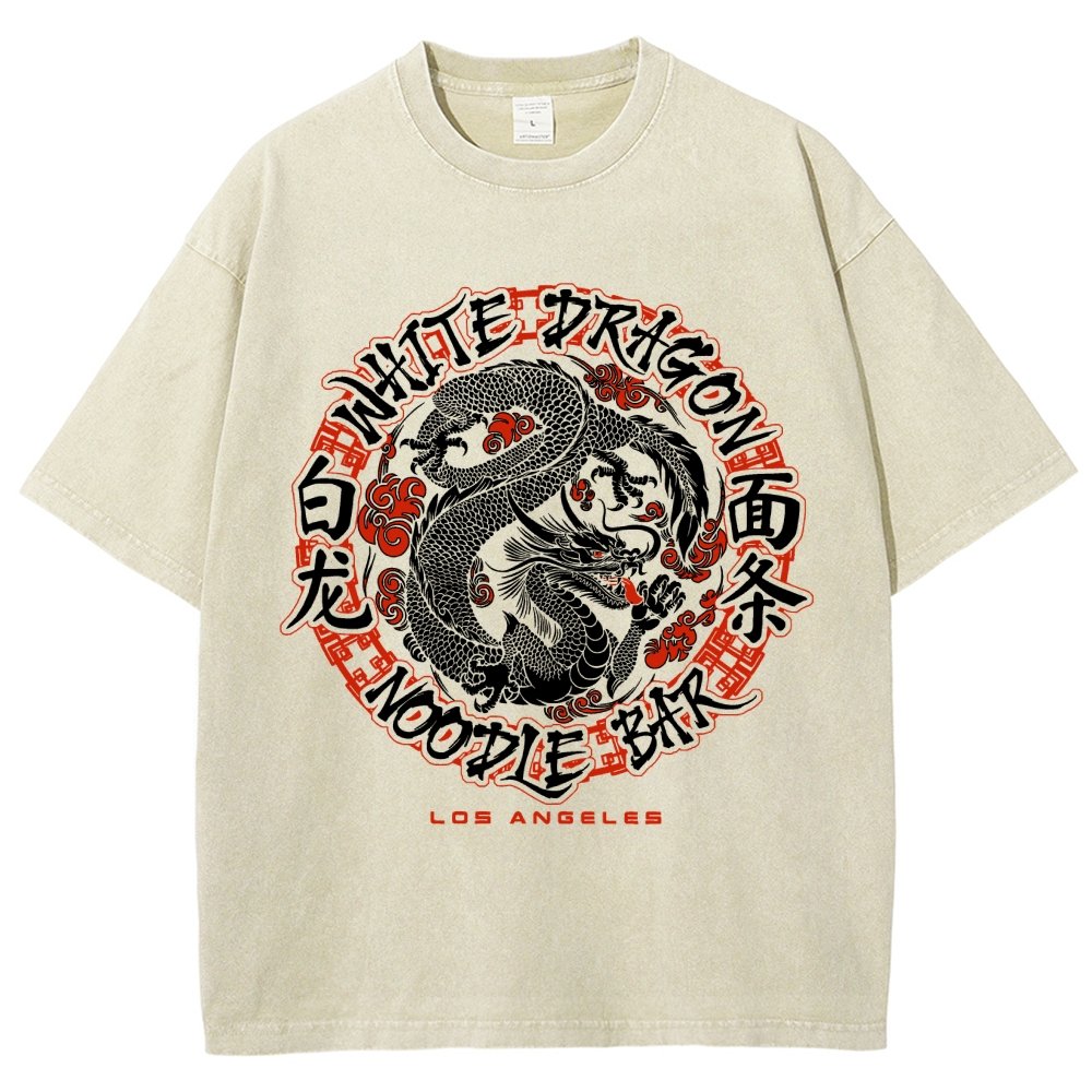 White Dragon Noodle Bar Oversized Vintage Distressed T-shirt