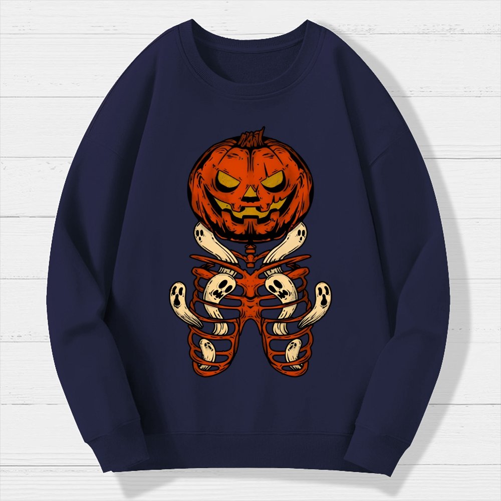 Vintage Halloween Pumpkin Skeleton Ghost Geek Cotton Sweatshirt