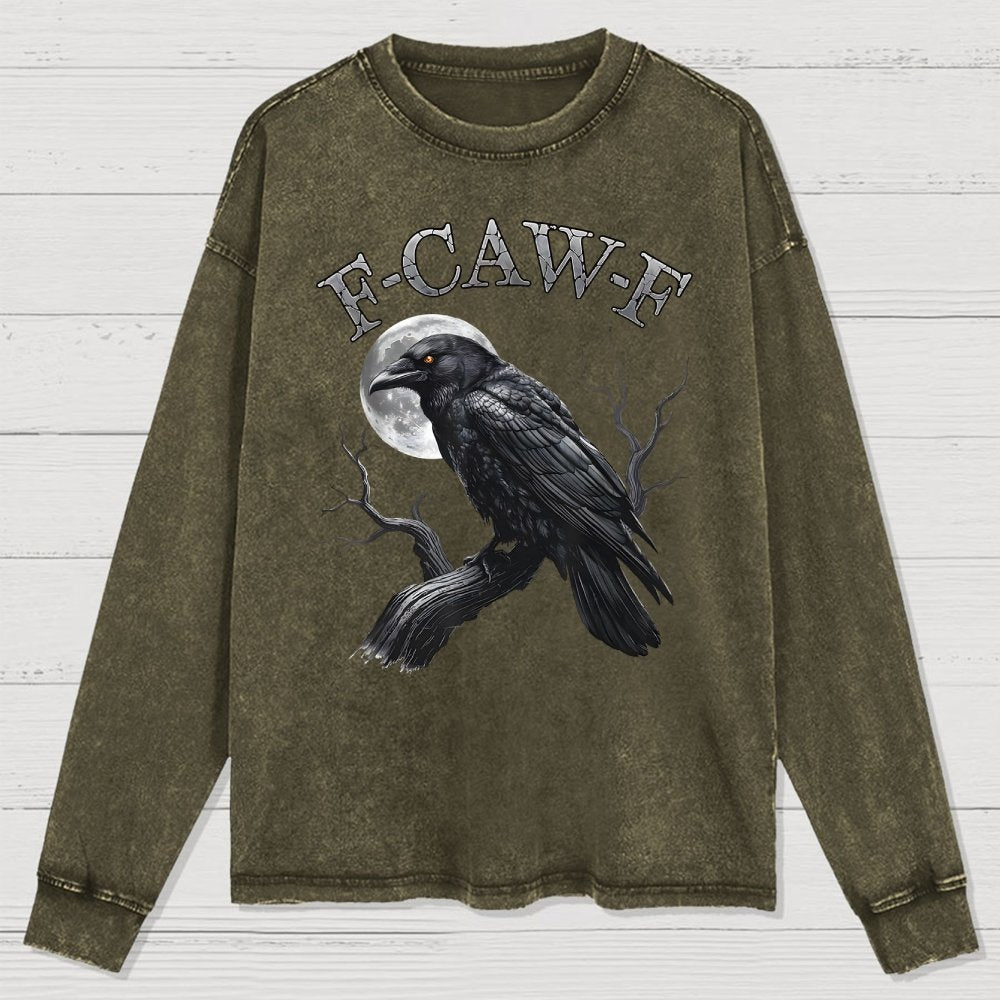 Black Crow F-Caw-F Funny Black Bird Moon Washed Long Sleeve Tee