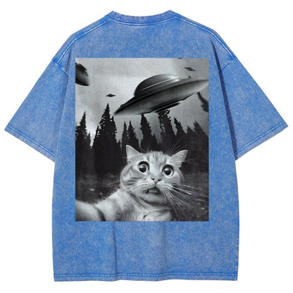 Ufo Cat Back Washed T-Shirt