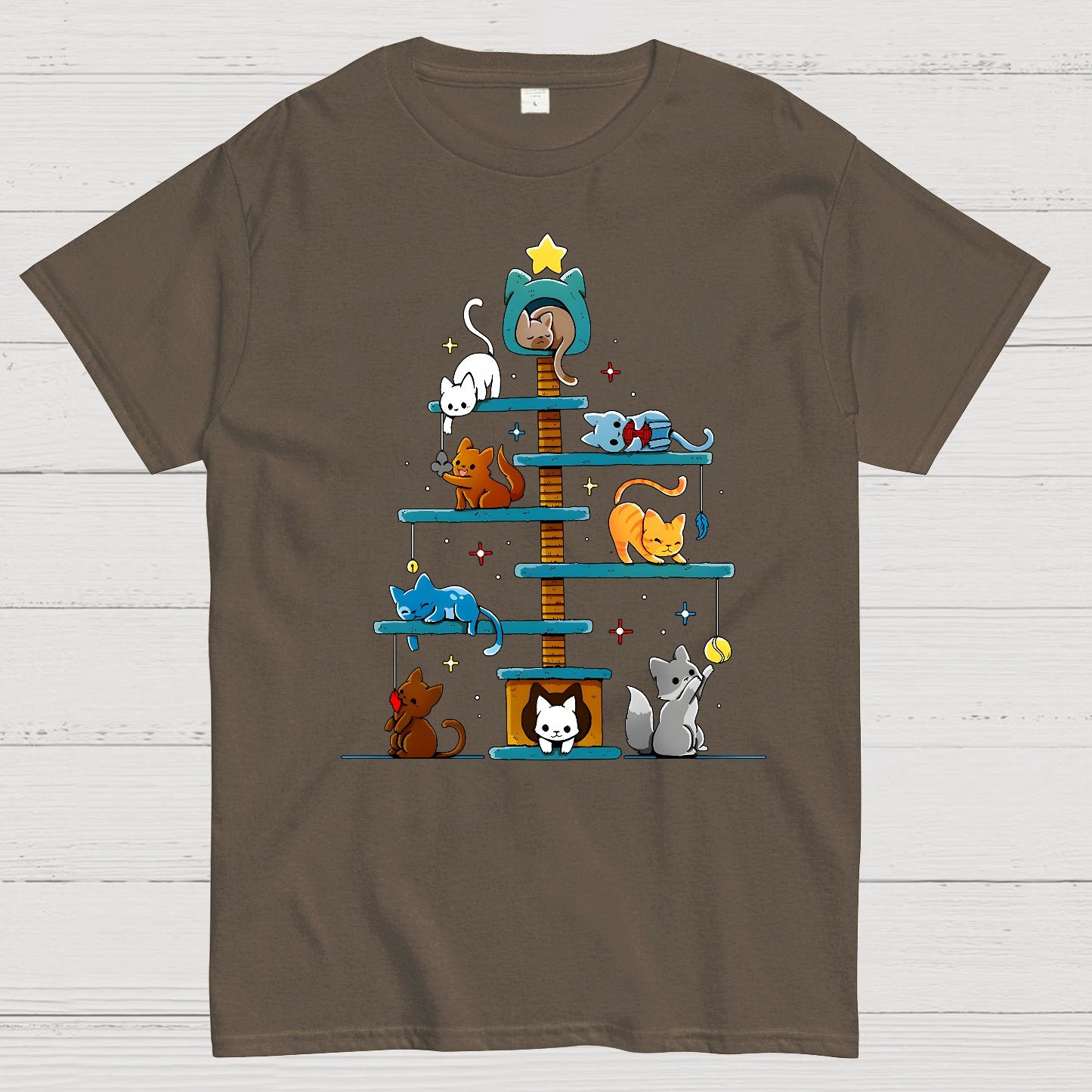 Christmas House Tree Cats Geek T-Shirt