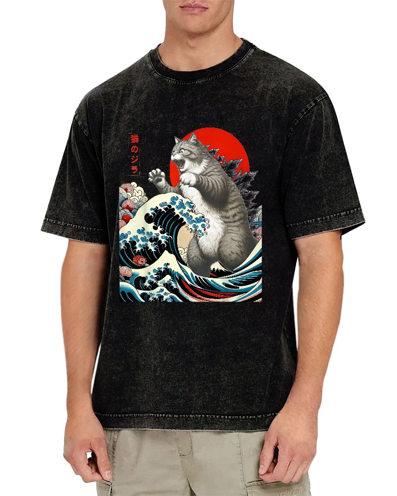 Catzilla Cat Japanese Art Vintage Distressed T-shirt
