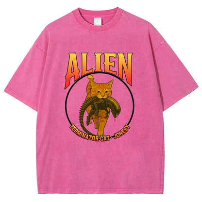 Black Cat Eating Alien Vintage Distressed T-shirt