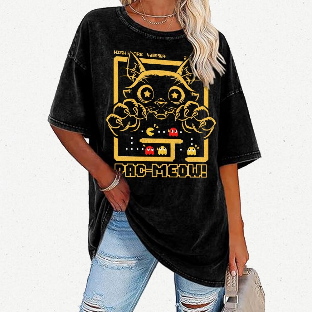 Vintage Game Cat Attack Pac Meow Vintage Distressed T-shirt