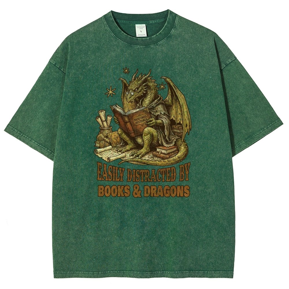 Easily Distracted by Books and Dragons Vintage Distressed T-shirt