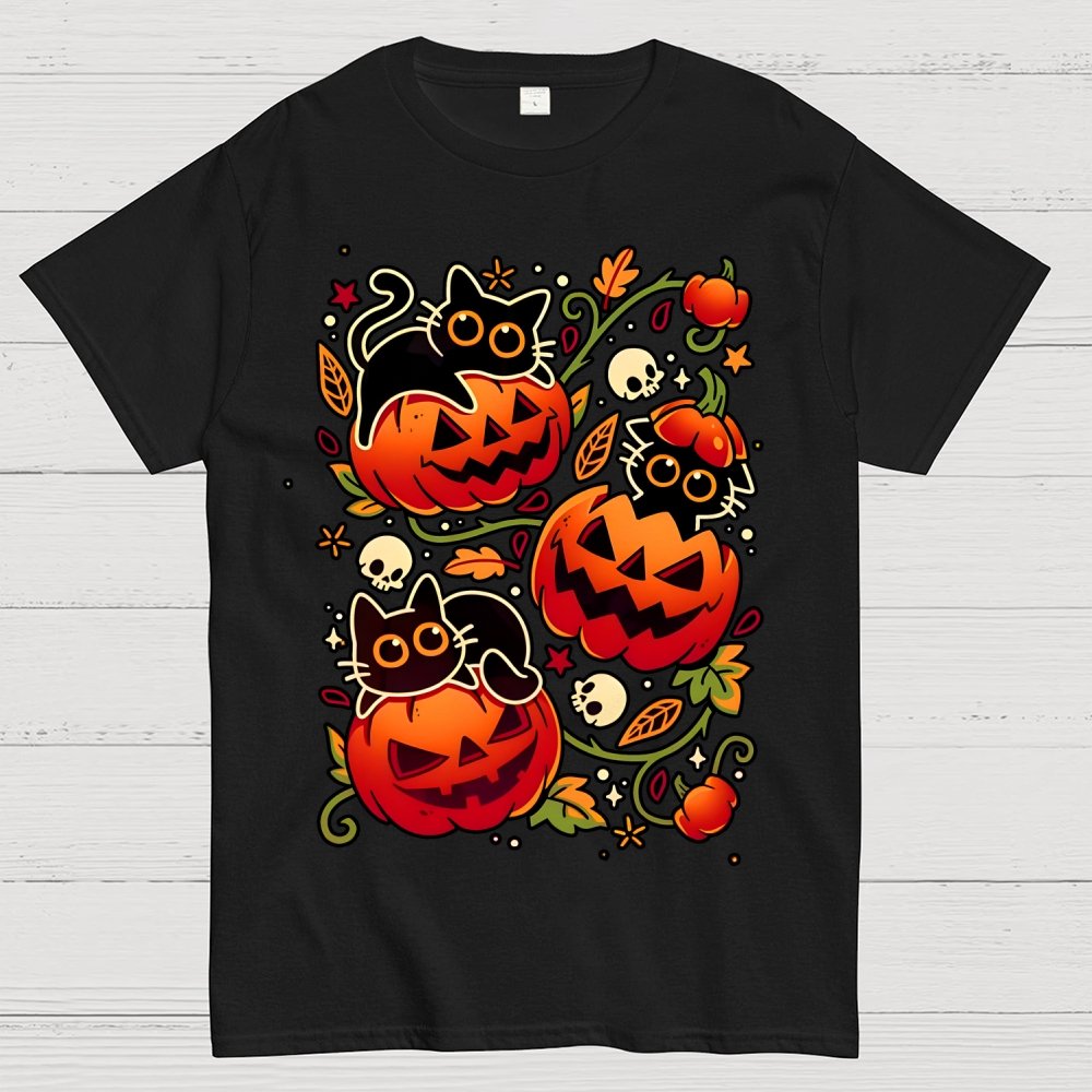 Black Cat Pumpkin Party Geek Cotton T-Shirt