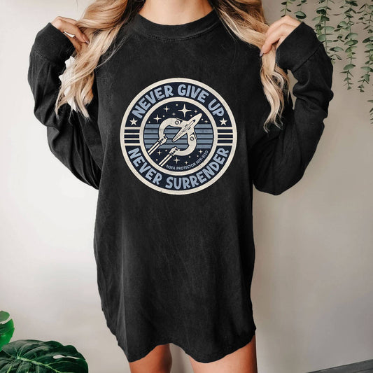 Never Give Up Never Surrender! Geek Washed Long Sleeve Tee
