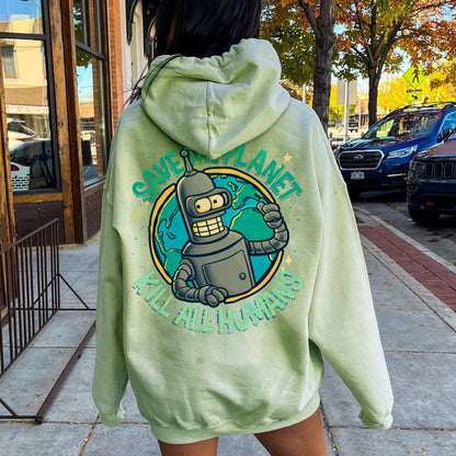 Save The Planet Kill All Humans Geek Printed Back Cotton Hoodie