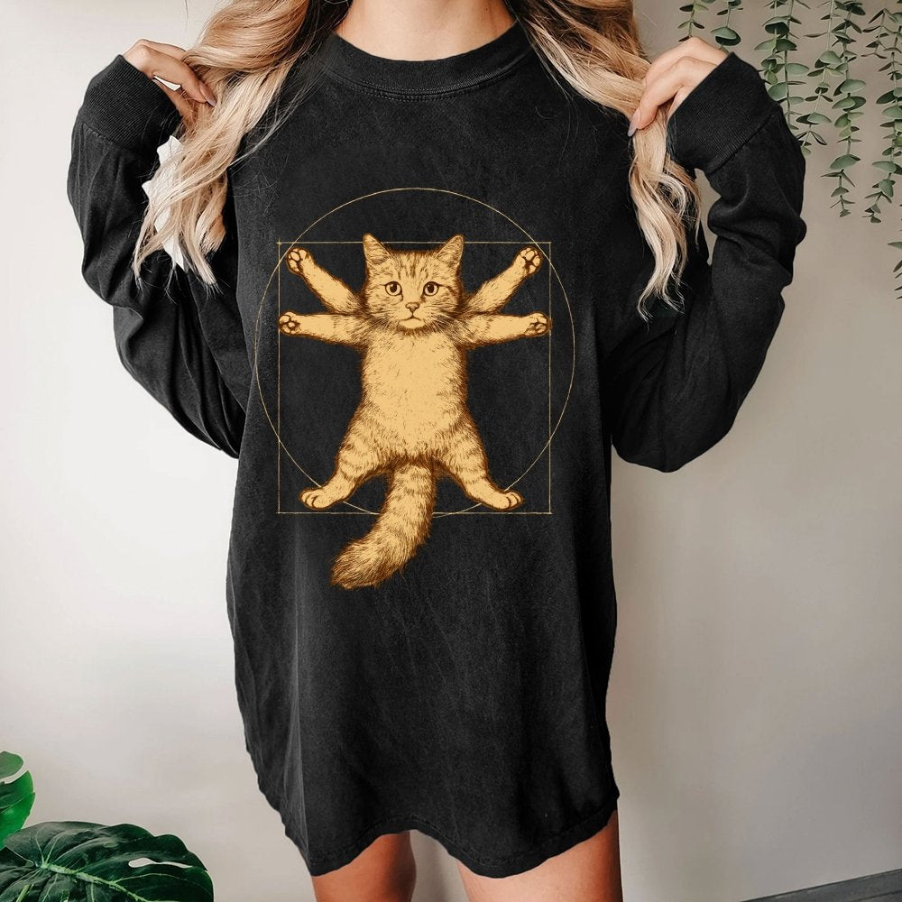 Leonardo Da Vinci-Inspired Vintage Cat Washed Long Sleeve Tee