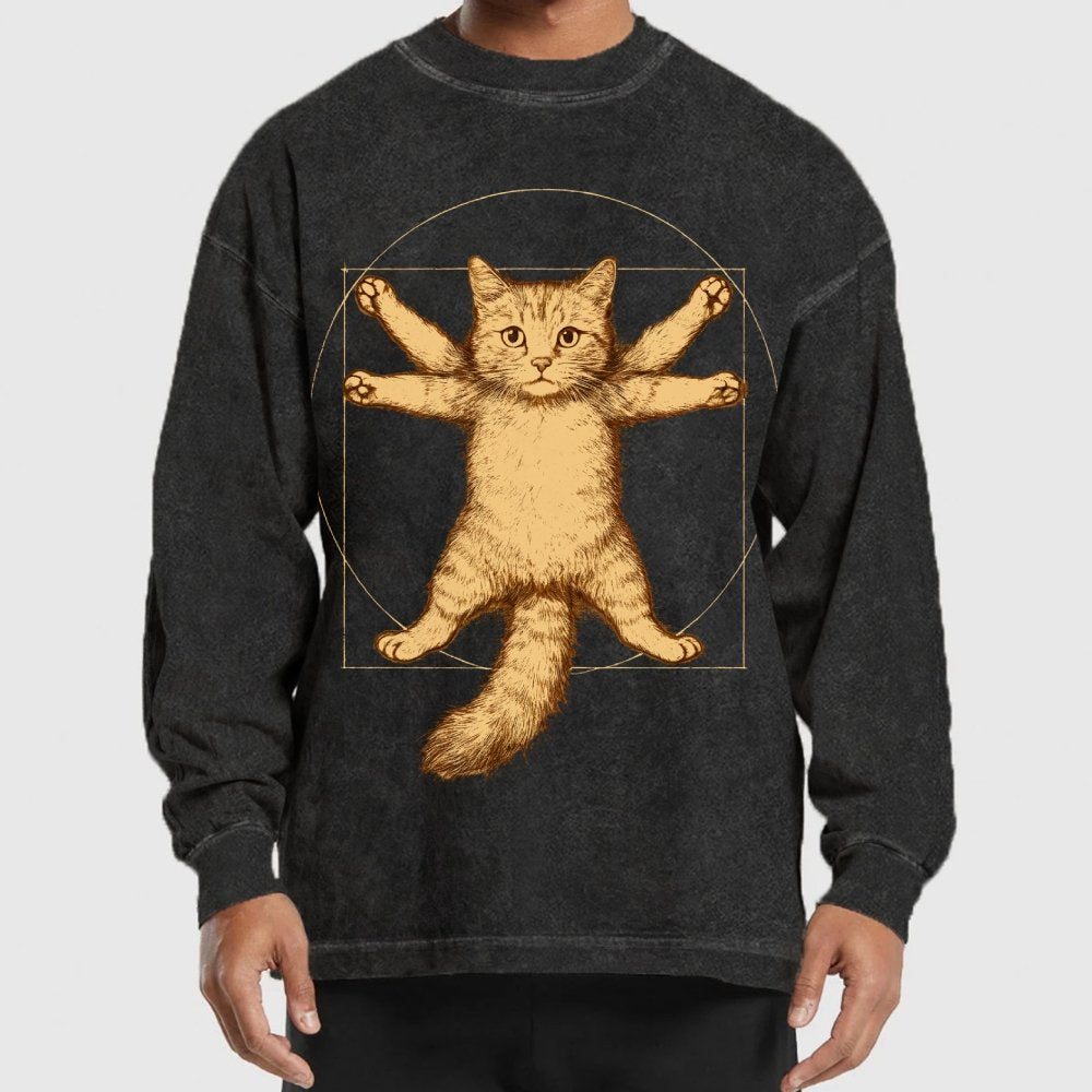 Leonardo Da Vinci-Inspired Vintage Cat Washed Long Sleeve Tee