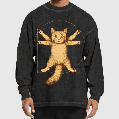 Leonardo Da Vinci-Inspired Vintage Cat Washed Long Sleeve Tee
