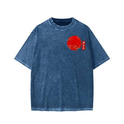 Funny Samurai Ukiyo-e Vintage Graphic Washed T-shirt