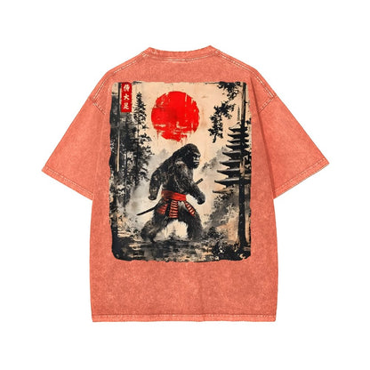Funny Samurai Ukiyo-e Vintage Graphic Washed T-shirt