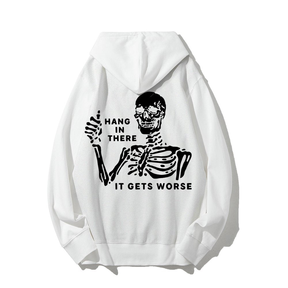 Hang In There Skeleton Printed Back Unisex Cotton Hoodie