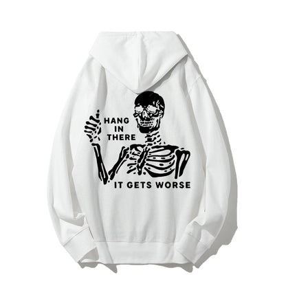 Hang In There Skeleton Printed Back Unisex Cotton Hoodie