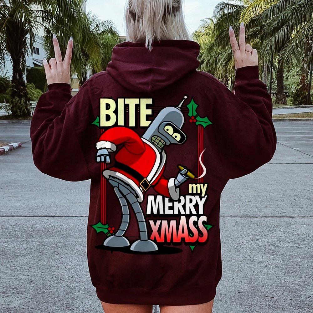 Happy Christmas From Robot Printed Back Cotton Hoodie