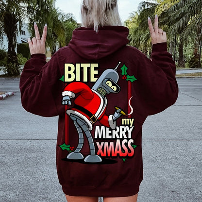 Happy Christmas From Robot Printed Back Cotton Hoodie