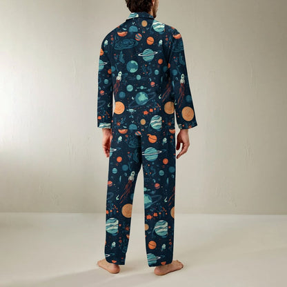 Space Planet Rocket Art Print Geek Long Sleeve Pajama Set