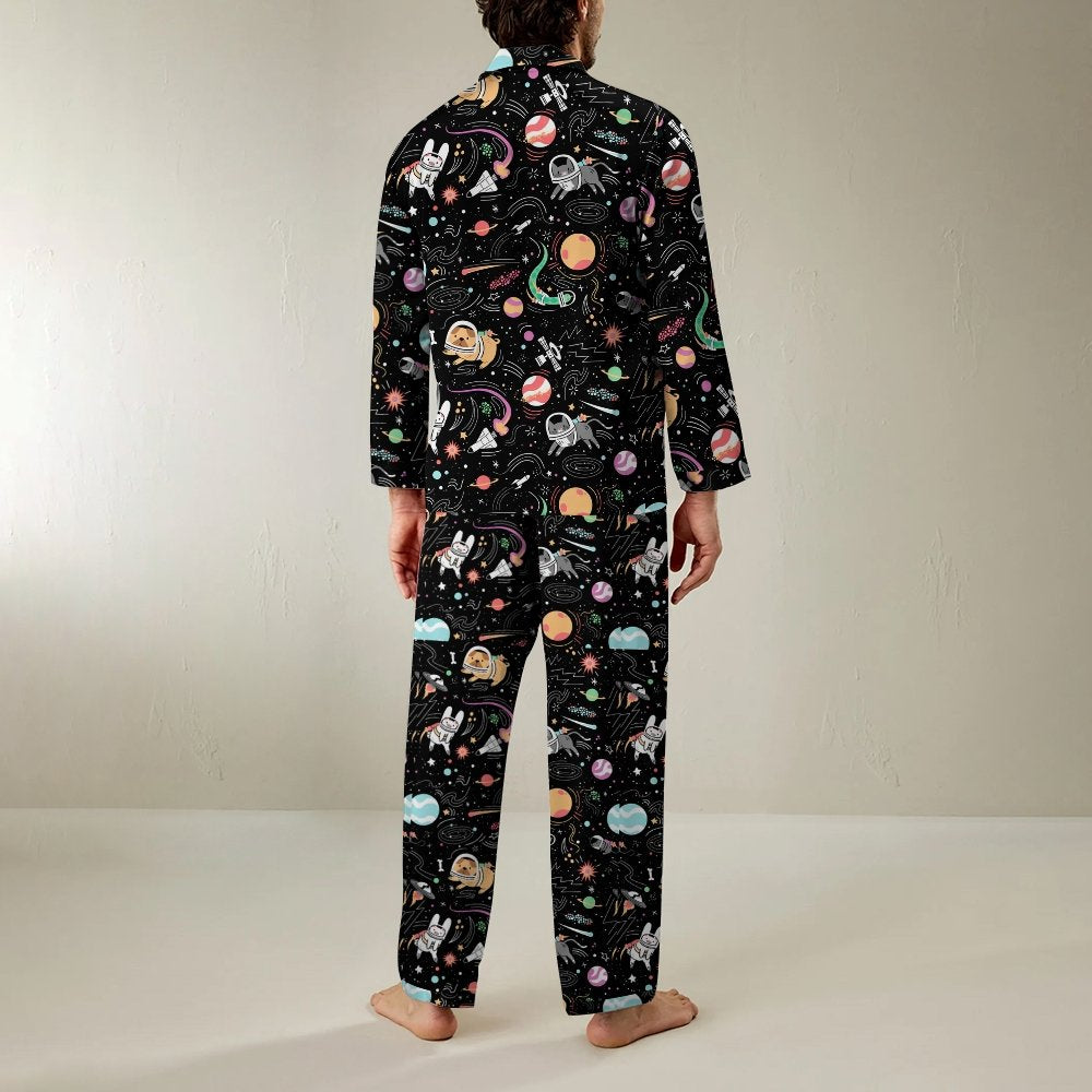 Space Cat Art Print Geek Long Sleeve Pajama Set