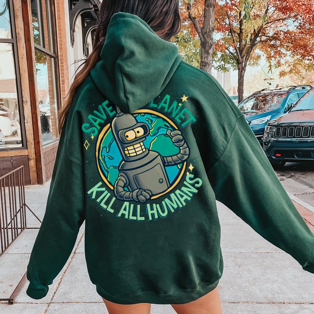 Save The Planet Kill All Humans Geek Printed Back Cotton Hoodie