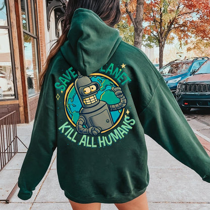 Save The Planet Kill All Humans Geek Printed Back Cotton Hoodie