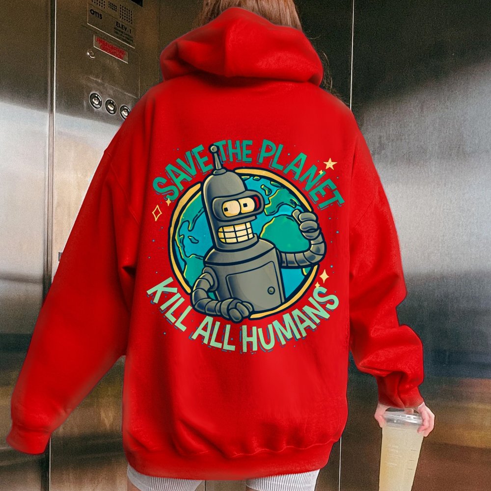 Save The Planet Kill All Humans Geek Printed Back Cotton Hoodie
