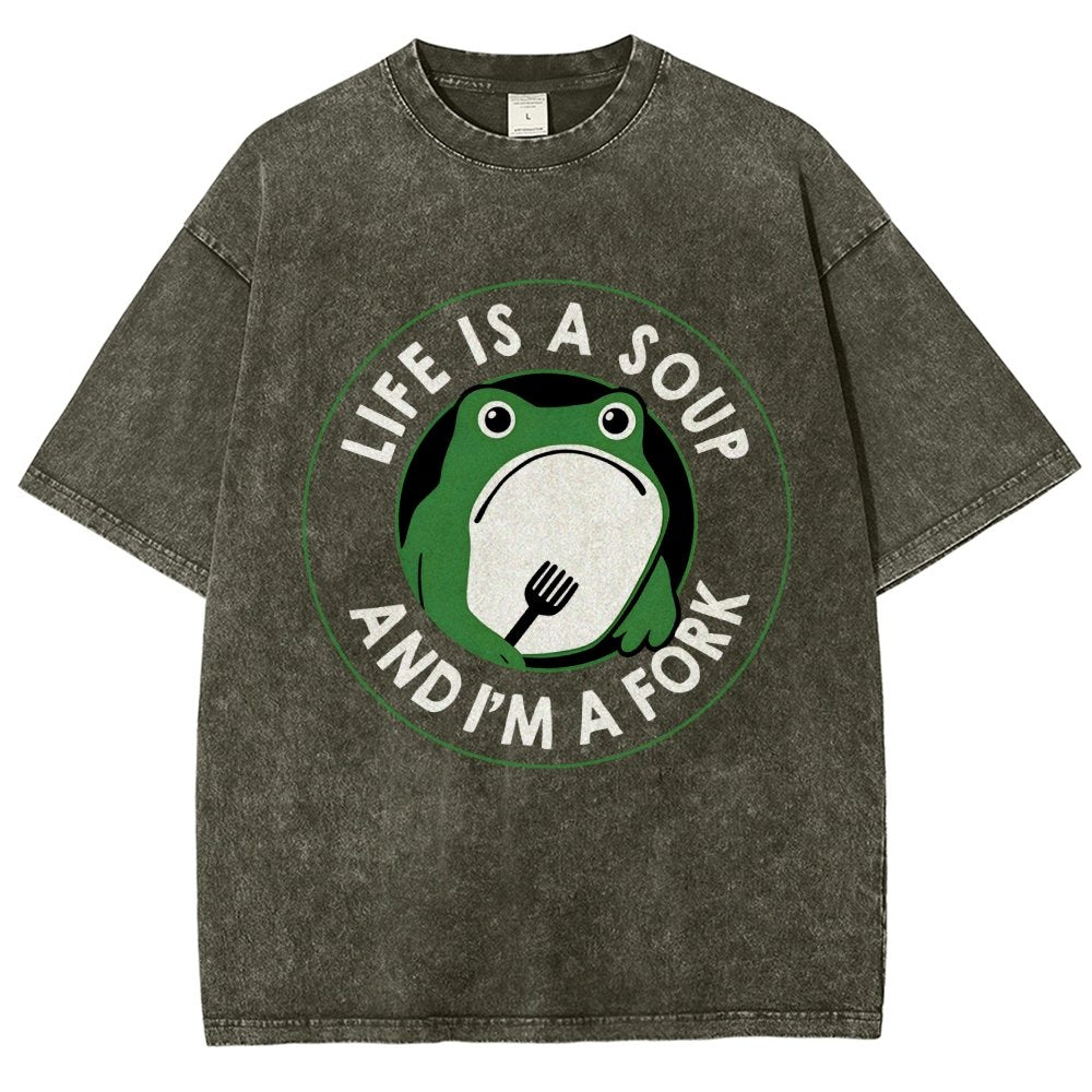 Life Is Soup and I'm a Fork Frog Vintage Distressed T-shirt