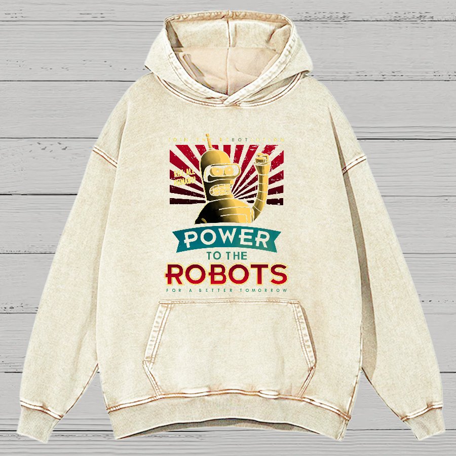 Power To The Robots Vintage Distressed Hoodie