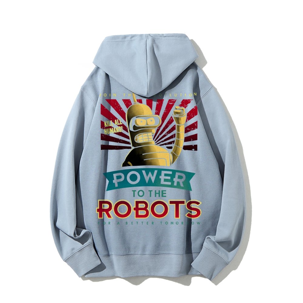 Power To The Robots Printed Back Cotton Hoodie