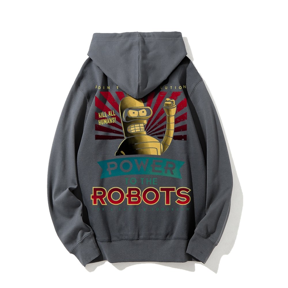 Power To The Robots Printed Back Cotton Hoodie