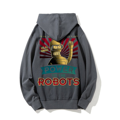 Power To The Robots Printed Back Cotton Hoodie