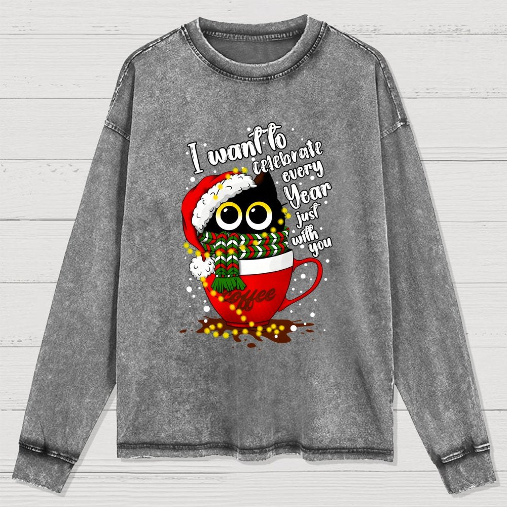 Christmas Cat Washed Long Sleeve Tee
