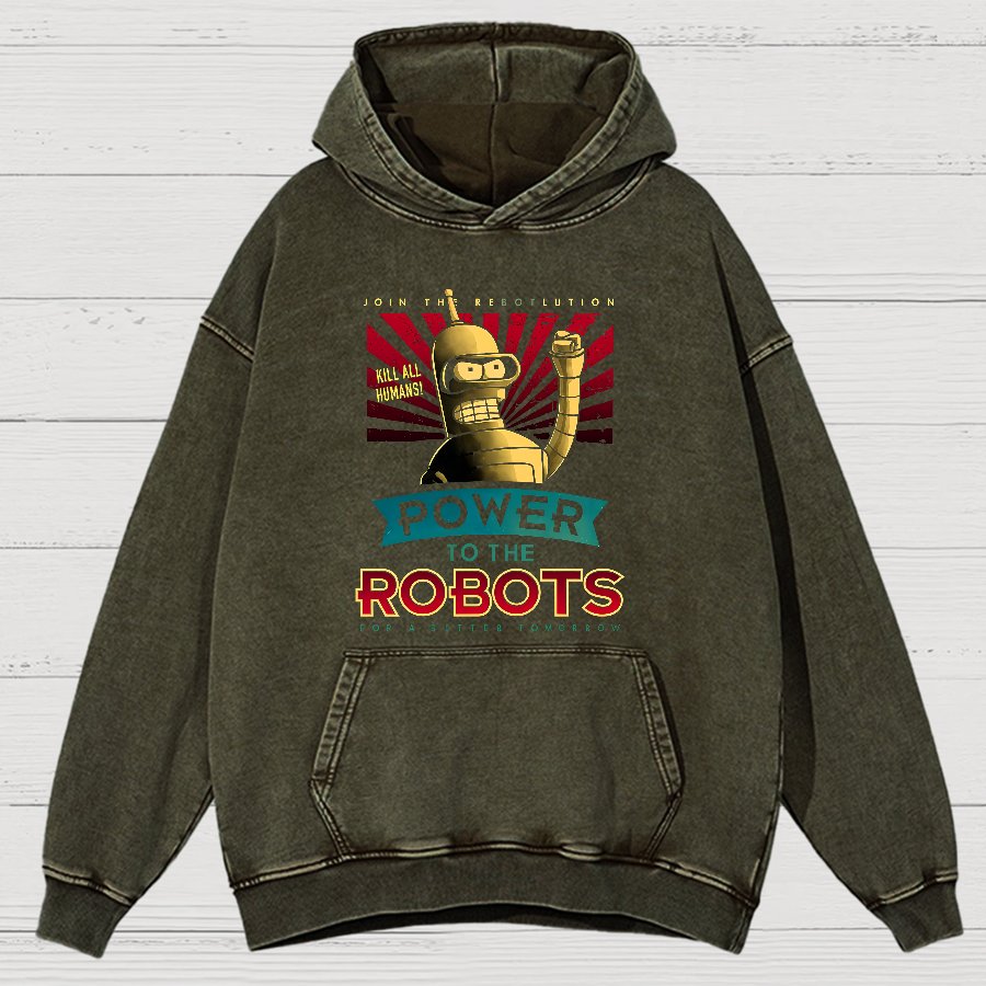 Power To The Robots Vintage Distressed Hoodie