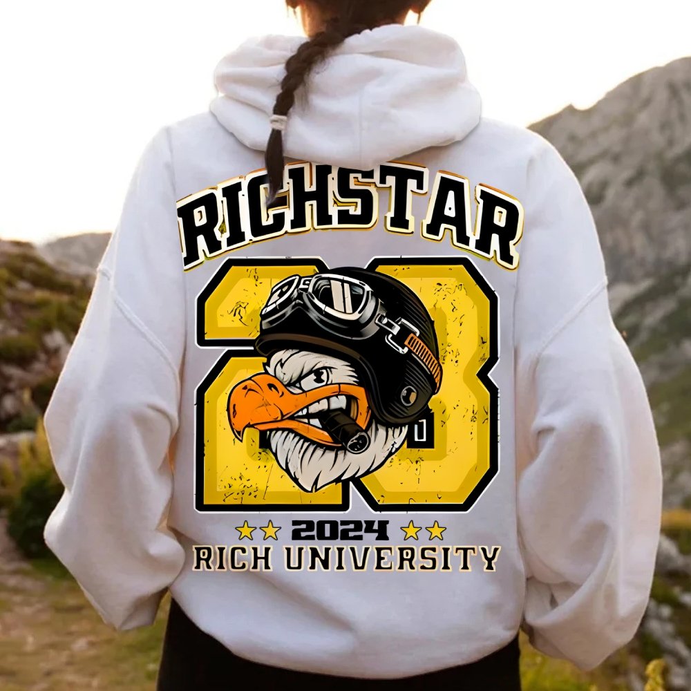 Vintage Rich Star Graphic Print Printed Back Cotton Hoodie
